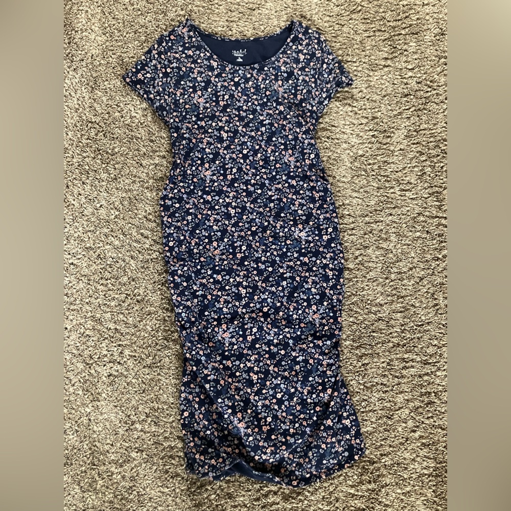 Navy Floral Midi Dress with Pink & White Blooms